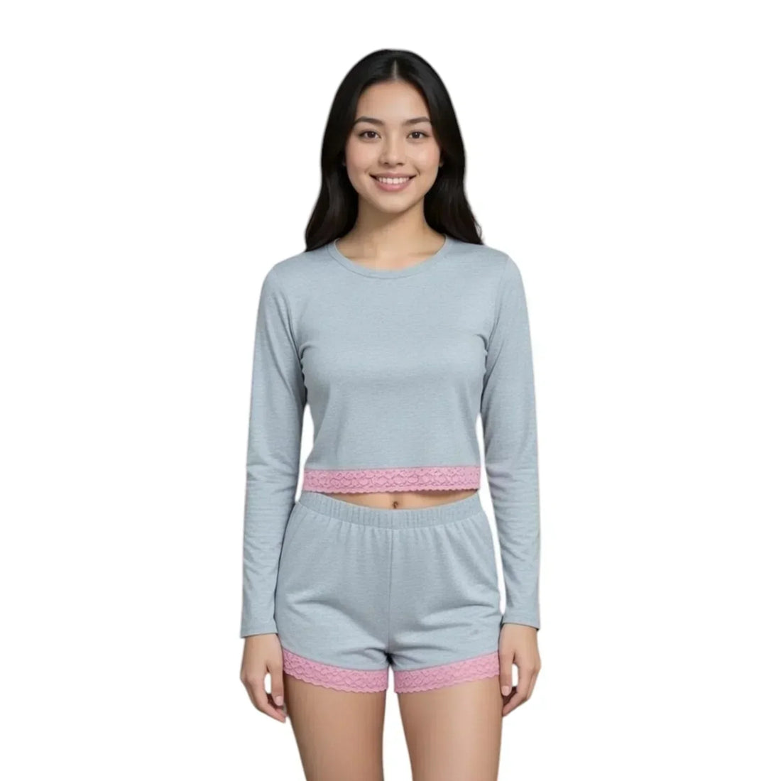 Women’s Lace-Trim Long Sleeve Loungewear Set (Top & Shorts)